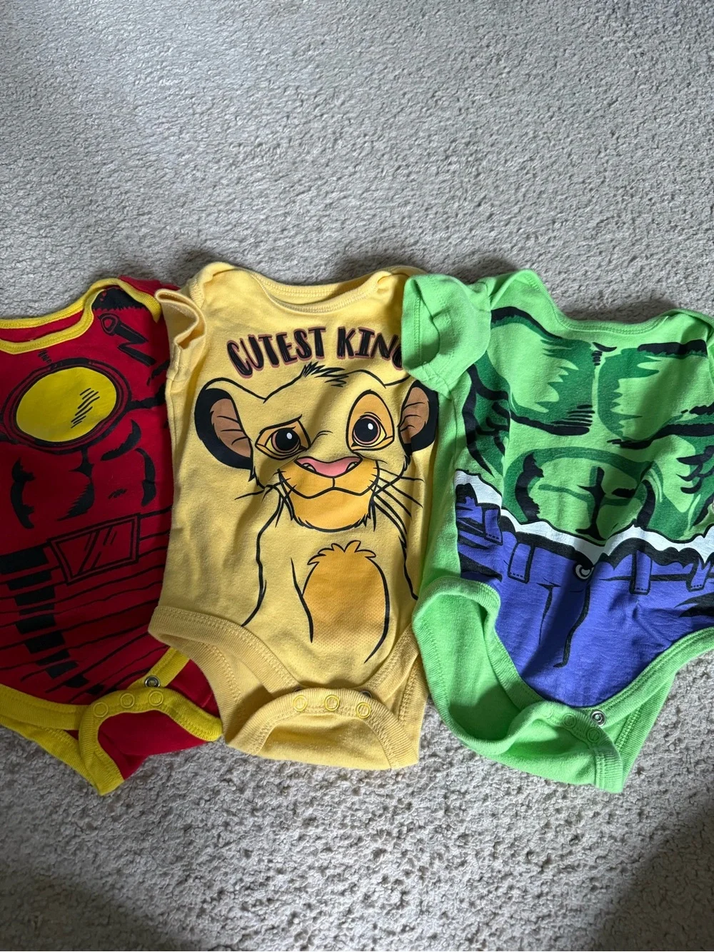Disney Simba, Marvel iron man and hulk One-Piece Bodysuit size 3-6 months
